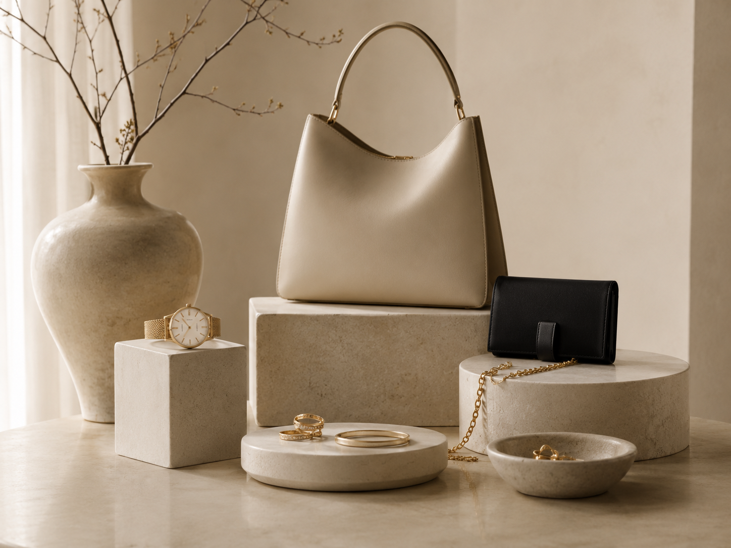 A curated Vantelle handbag, watch and jewelry arrangement