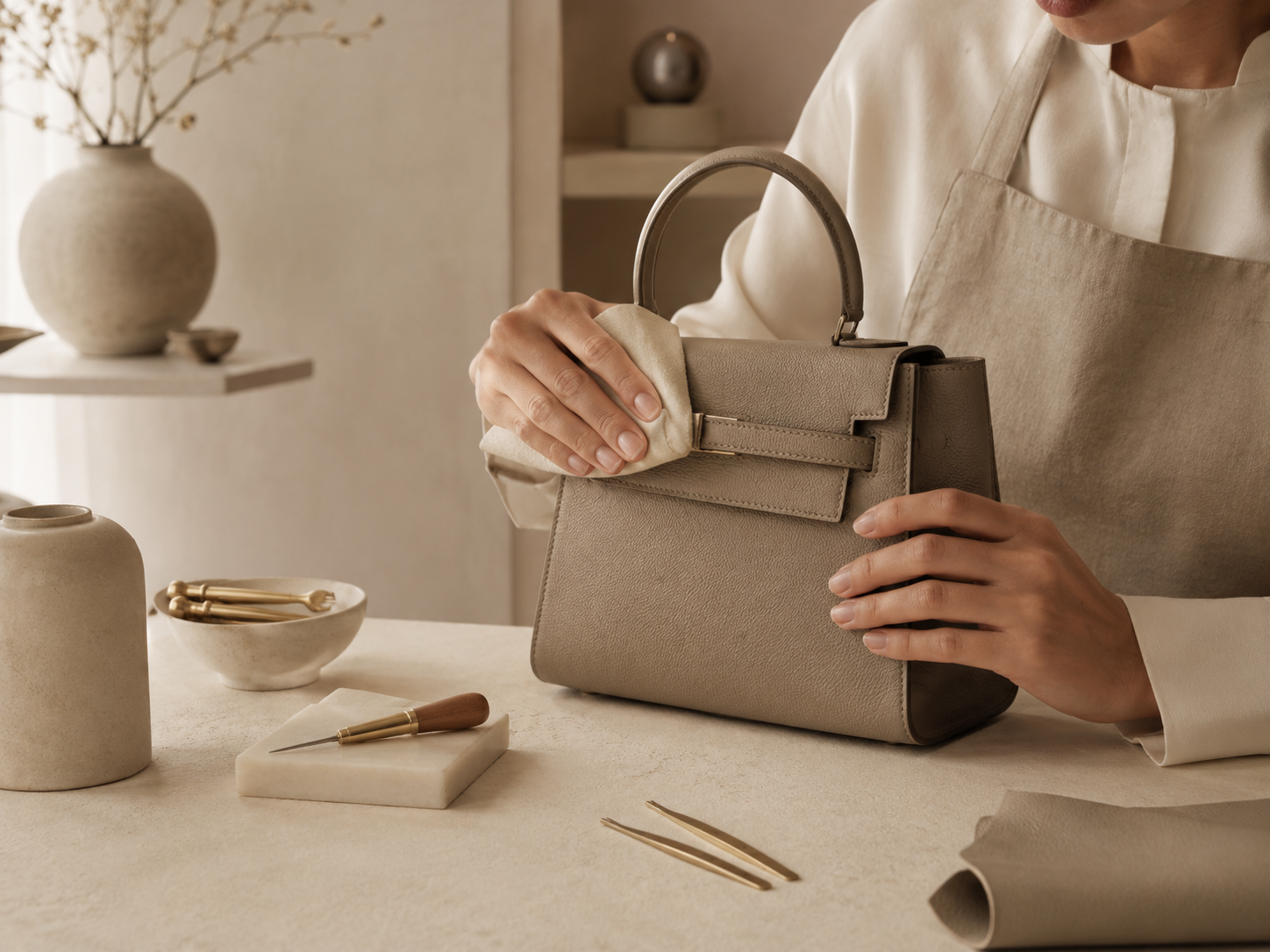 Careful inspection and finishing of a premium leather handbag
