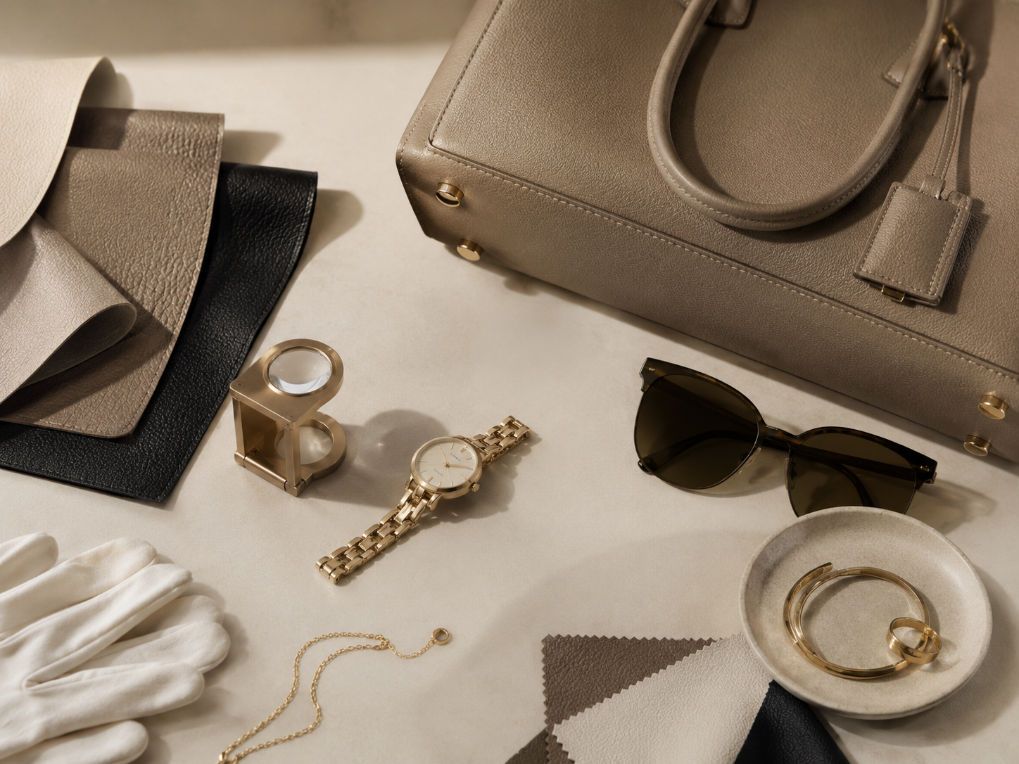 Luxury accessories, material swatches and inspection details